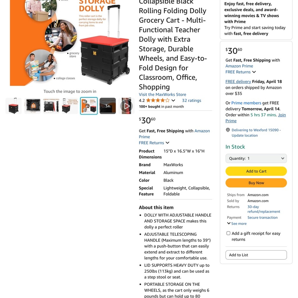 MaxWorks Black Collapsible Rolling Dolly